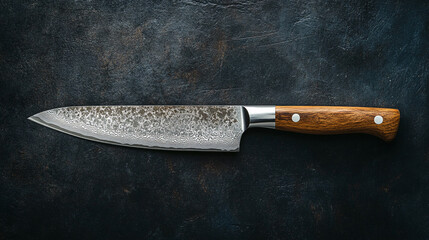 vintage chef knife with worn blade and wooden handle on dark textured surface

