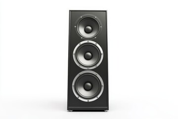 Fototapeta premium Modern High Quality Speaker on White Background - A sleek black speaker with three powerful woofers showcasing quality sound technology and modern design for music lovers and audio enthusiasts