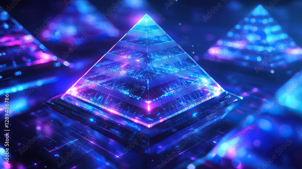 Poster layers of translucent data grid pyramids rotating within one another