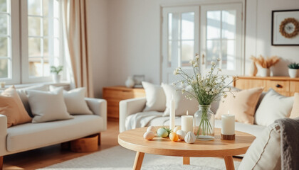 A minimalist living room with Easter eggs, candles, and floral arrangements in a bright and airy setting.