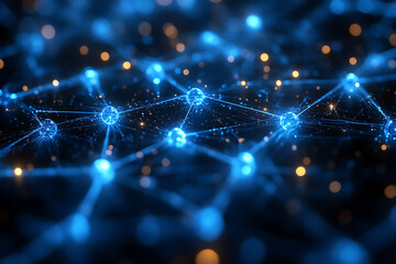 An abstract digital background highlighted by connecting blue and black data points, representing futuristic networks, technology, and artificial intelligence