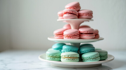 Fototapeta premium A tiered stand holding colorful macarons in shades of pink, blue, and green