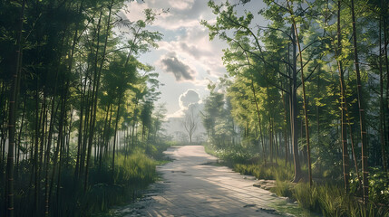 Obraz premium Scenic Pathway Through a Tranquil Bamboo Forest with Soft Light