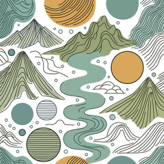 Abstract colorful linear pattern with mountains, river, sun. hand drawn. Not AI