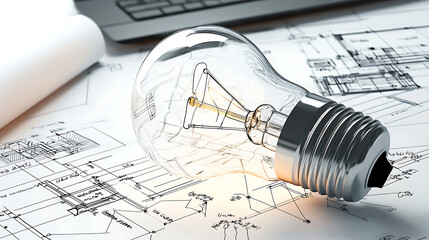 A light bulb is lit up on top of a piece of paper with drawings of buildings. generated using AI