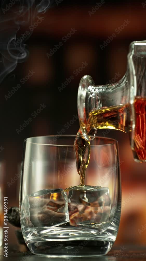 Poster super slow motion of pouring whiskey into glass. filmed on high speed cinema camera, 1000 fps. camer