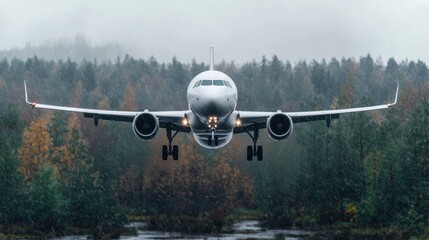 Airplane landing in a misty forest