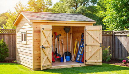 Modern garden shed with open doors showcasing tools, outdoor organization