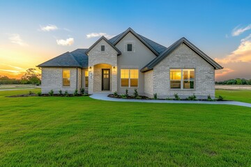 Obraz premium Front view of a newly built home with vibrant sunset and spacious lawn
