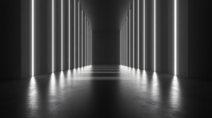 Naklejka premium A symmetrical modern interior hallway with bright vertical light