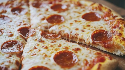 Delicious Pepperoni Pizza Slices on Wooden Board, Close-up Shot