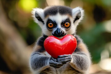Obraz premium Cute lemur baby with critter toy red heart on in a natural habitat. Commercial animal idea. Lemur - my desired animal. Valentine's day nature art. Cute furry romance. Wild couple in love.