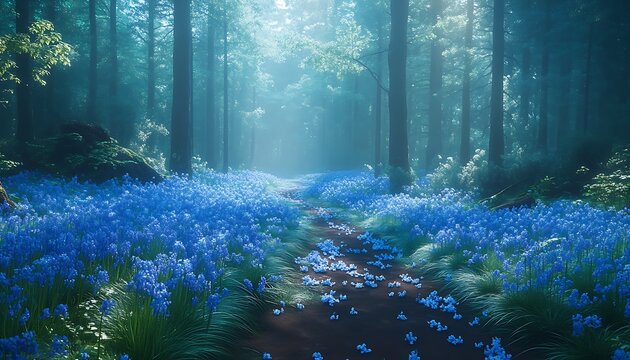 A pathway through a forest of blue flowers bathed in sunlight