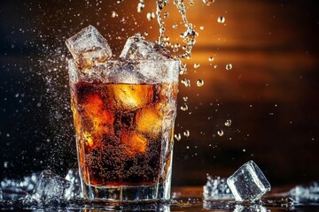 Refreshing Beverage Splashing with Ice Cubes - A stunning of a refreshing drink splashing with ice cubes against a warm background. Enjoy the vibrant colors and dynamic motion