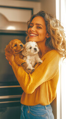 A woman smiling while holding a small dog in her arms, exuding warmth and joy, standing in a kitchen, perfect for a pet lover or family-friendly atmosphere.