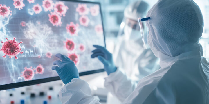 An expert in a lab, analyzing data on a futuristic holographic screen, digital microscope screen displaying magnified virus particles in foreground set against high-tech, subtle grain
