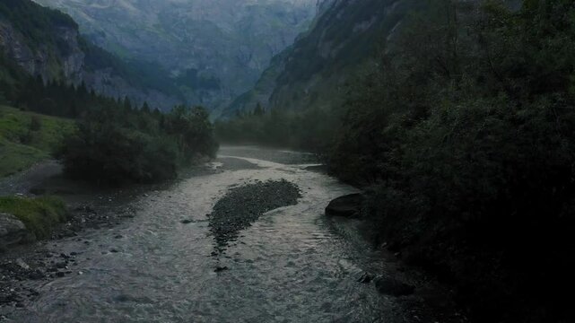 Le Giffre River in Sixt Fer A Cheval Nature Park, Summer Morning Walk in Nature park, french alps, France, 4k drone video