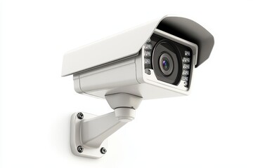 Security Camera with White Background - A modern surveillance camera mounted on a wall symbolizing safety, monitoring, technology, vigilance, protection