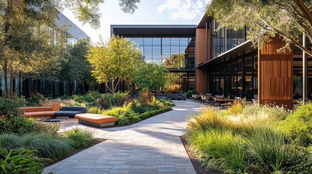 Modern office courtyard with lush landscaping and outdoor seating