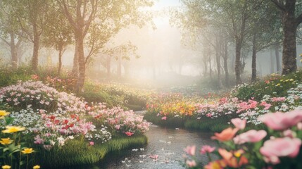 Beautiful colorful wild flowers in deep foggy forest with sun light in Spring.
