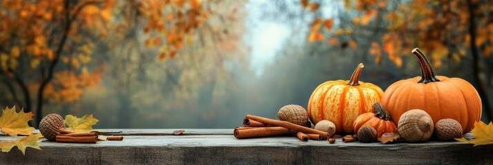 Autumn Still Life with Pumpkins and Spices in a Soft Fall Forest Background. Orange and Yellow