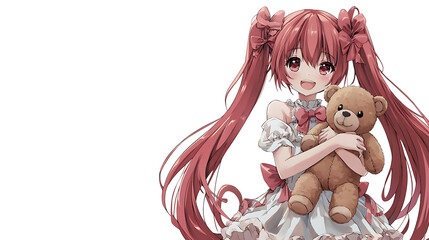 A girl with long red hair is holding a teddy bear. generated using AI