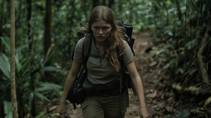 Obraz premium Young Woman in Survivalist Gear Walking a Forest Trail