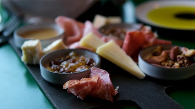 Charcuterie board. Antipasti appetizers of meat and cheese platter with salami, prosciutto crudo or jamon and olives. High quality photo