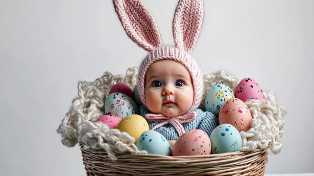 Adorable baby in bunny hat surrounded by colorful easter eggs in cozy basket