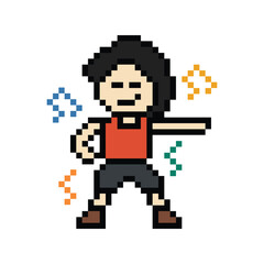 Fototapeta premium Cute cartoon pixel character cute man exercises training aerobic dance lifestyle music decoration life style 8 bit male boy dance with music game 8bit fitness isolated PNG vector.