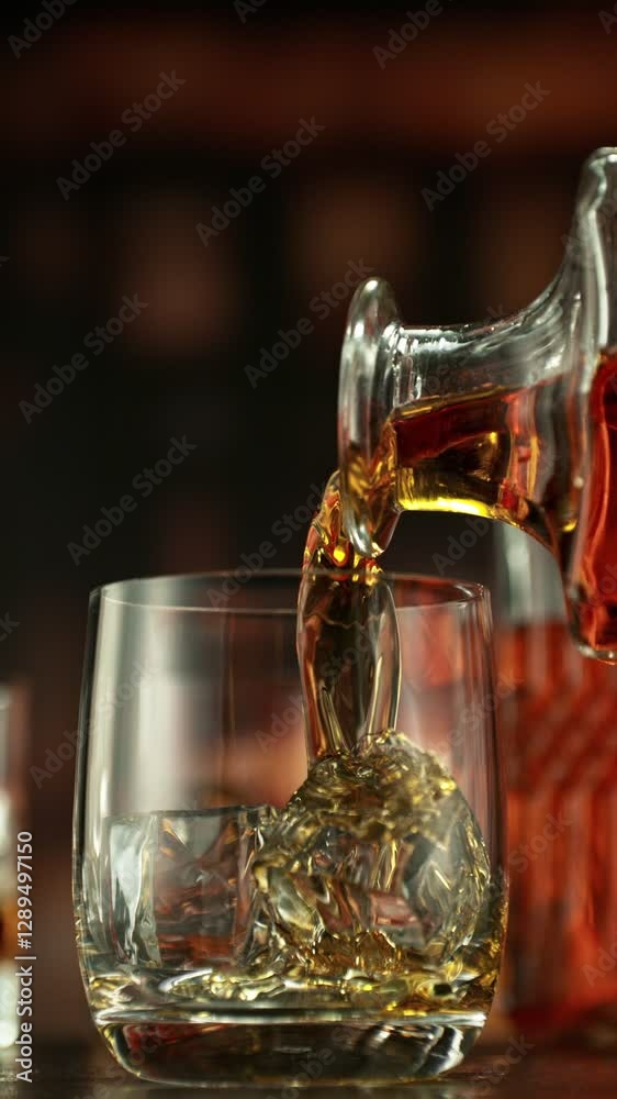 Poster super slow motion of pouring whiskey into glass. filmed on high speed cinema camera, 1000 fps. camer