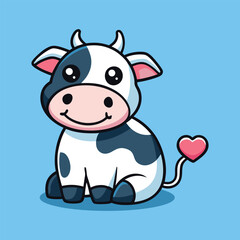 Fototapeta premium Cute Cow Sitting and Eating Grass Cartoon Icon Illustration