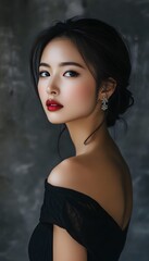 Asian woman wearing an elegant open shoulder dress
