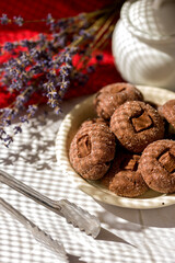Coffee cookies with chocolate. Delicious homemade dessert.