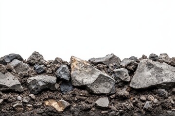 Texture of Rocks and Soil Against White Background - A close-up showing various rocks and soil with a solid white background, highlighting natural textures and colors