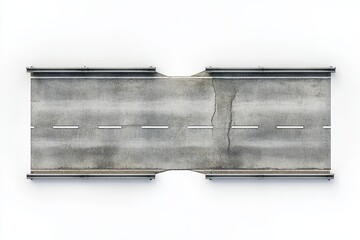 Top View of 3D Concrete Road Isolated Background - Aerial perspective of a 3D concrete road featuring cracked surface and lane markings, symbolizing travel, infrastructure, maintenance, urban design