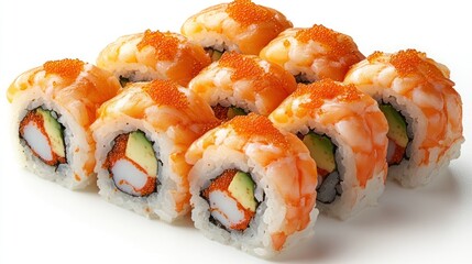 Delicious sushi rolls, studio shot, white background, restaurant menu