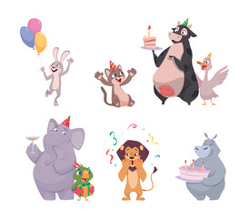Animals birthday. Cute and funny animals in action poses happy celebration eat cake with candles exact vector illustrations set