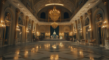 Luxurious Grand Hall with Ornate High Ceilings, Intricate Wall Moldings, and Polished Marble Floors, Creating an Elegant and Sophisticated Backdrop with Warm Lighting and a Spacious Atmosphere
