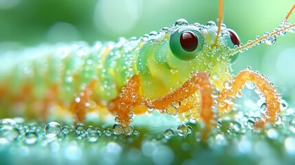Naklejka premium Dew-Covered Caterpillar, Closeup, Green Leaf, Nature, Macro