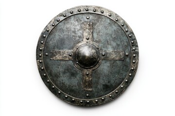 Obraz premium Vintage Metal Shield with Center Boss and Cross Design - This vintage metal shield features a central boss and cross design, showcasing intricate details and a weathered finish