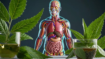 Medical visualization revealing transparent human anatomy with internal organs, highlighting potential healing properties of cannabis through scattered leaves, oil, and seeds on clean surface