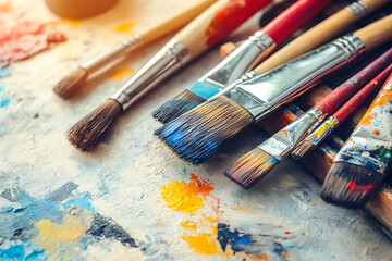 Fototapeta premium Colorful paintbrushes set on a messy paint-splattered tabletop.
