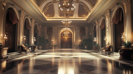 Obraz premium Luxurious Grand Hall with Ornate High Ceilings, Intricate Wall Moldings, and Polished Marble Floors, Creating an Elegant and Sophisticated Backdrop with Warm Lighting and a Spacious Atmosphere