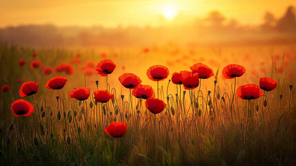 Obraz premium Red poppy field at sunset symbolizing remembrance and peace