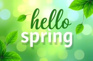 Spring Concept. The words “Hello Spring” are beautifully surrounded by green leaves. Postcard
