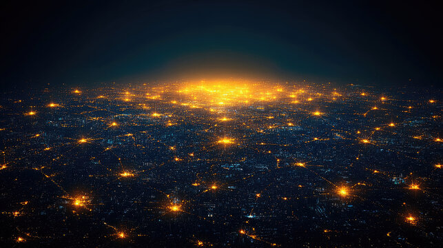 Night city lights network aerial view
