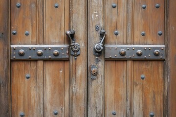 Obraz premium Weathered Wooden Double Door with Metal Accents - This features a rustic double door made of weathered wood, adorned with metal accents and intricate hardware, symbolizing strength, protection
