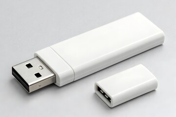 Mockup of a white USB drive placed near a laptop, perfect for branding, logo placement, or promotional product design.