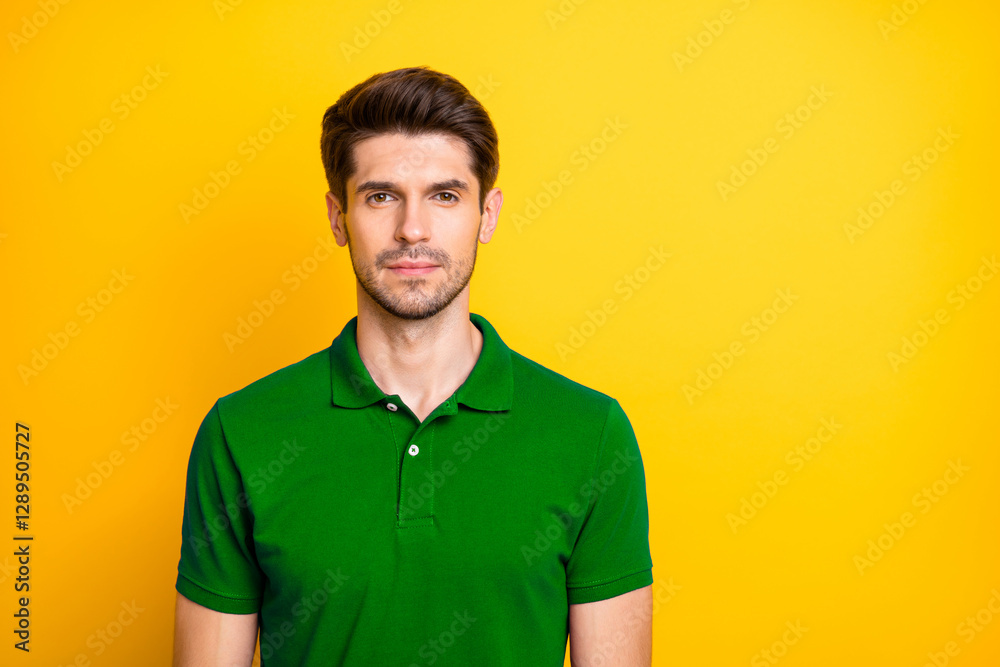 Poster photo of confident serious man staring at you candidly in wait of your telling him needed informatio